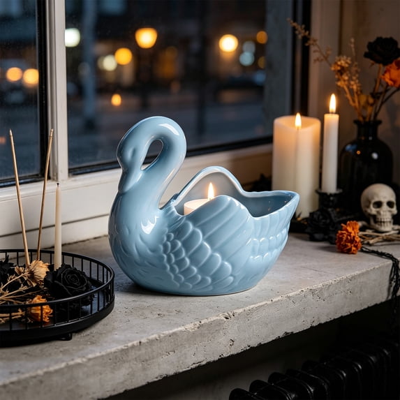 Secfreeship Ceramic Swan Shaped Candle Holder, Elegant Tealight Holder with Feathered Texture, Decorative Tabletop Centerpiece for Home Wedding Party Decor