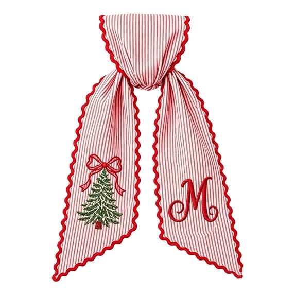 Secfreeship Christmas Wreath Sash, Striped Fabric Decorative Ribbon with Embroidered Tree and Letter, Holiday Hanging Ornament for Front Door Wall Window