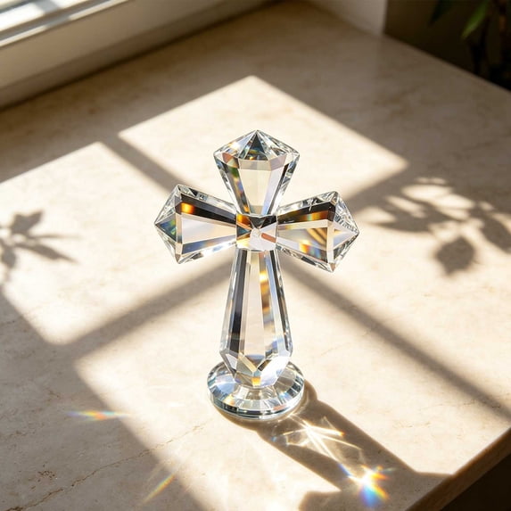 Secfreeship Clear Crystal Standing Cross Figurine, Faceted Glass Religious Tabletop Ornament, Prismatic Spiritual Decor for Home Shelf Mantel Desk, Elegant Gift for Baptism Communion