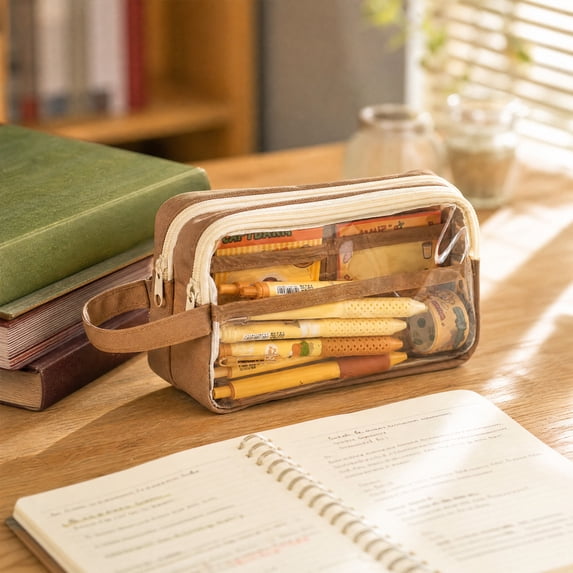 Secfreeship Clear Transparent Pencil Pouch, Large Capacity Cloth Stationery Organizer with Zipper, Multi-Layer Storage Bag for Pens, Markers, Office Supplies and Travel Essentials