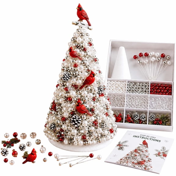 Secfreeship DIY Beaded Christmas Tree Craft Kit with Cardinal Topper, Includes Pearl Beads Crystal Charms Pinecones and Instructions, Holiday Family Craft Activity for Christmas Tabletop Decor