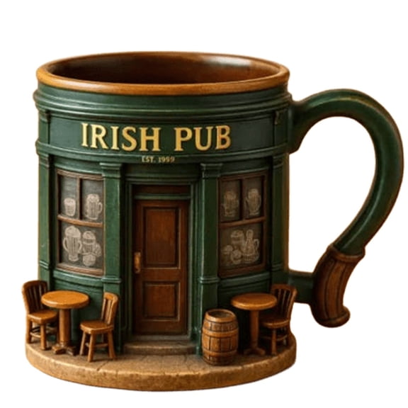 Secfreeship Irish Pub Themed 3D Coffee Mug, Novelty Resin Sculpted Bar Building Cup, Decorative Desktop Mug, Unique Drinking Vessel, Collectible Coffee Cup for Home, Office, Bar Decor & Gift