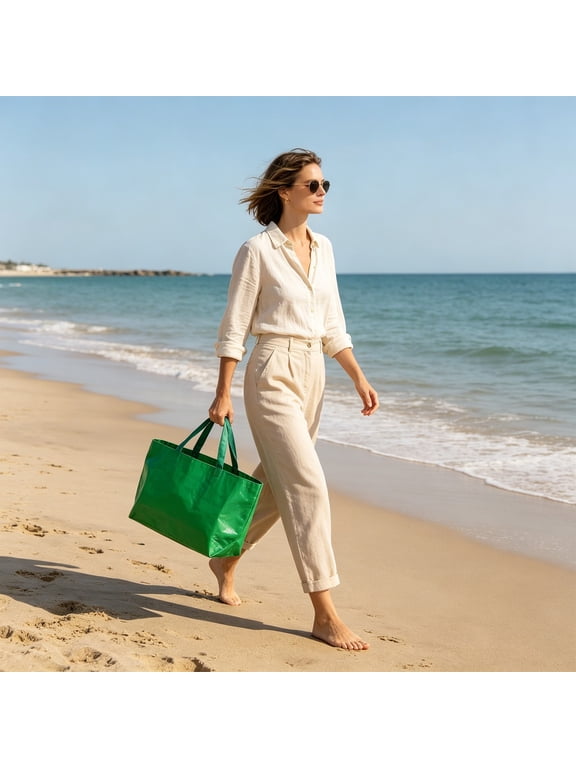 Large Plastic Woven Tote Bag, Heavy Duty Reusable Grocery Shopping Bag, Waterproof Washable Extra Large Storage Bag for Beach Travel Moving and Laundry