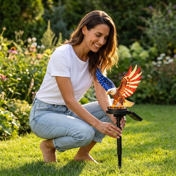 Secfreeship Personalized Solar Garden Stake Light with Alphabet Stickers, Auto On/Off Waterproof Resin Patriotic Memorial Day Decor, Solar Powered Landscape Lighting for Outdoor Yard Lawn Pathway