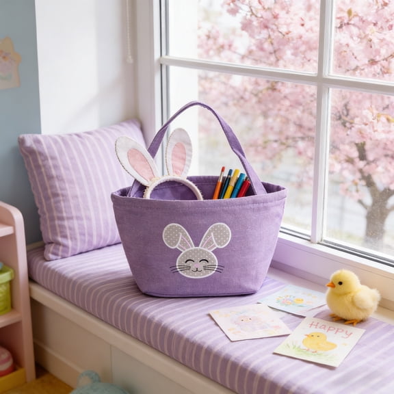 Secfreeship Purple Farmhouse Easter Basket 8.7 Inch, Linen Style Bunny Ear Tote with Handles for Egg Hunt, Versatile Fabric Storage Basket for Kids, Spring Holiday Gift Bag