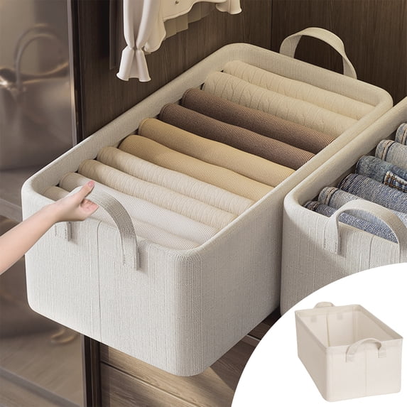 Secfreeship Rectangular Bamboo Cotton Fabric Storage Bin with Handles, 18.5 inch Collapsible Closet Organizer for Clothes, Towels, and Everyday Home Organization Needs