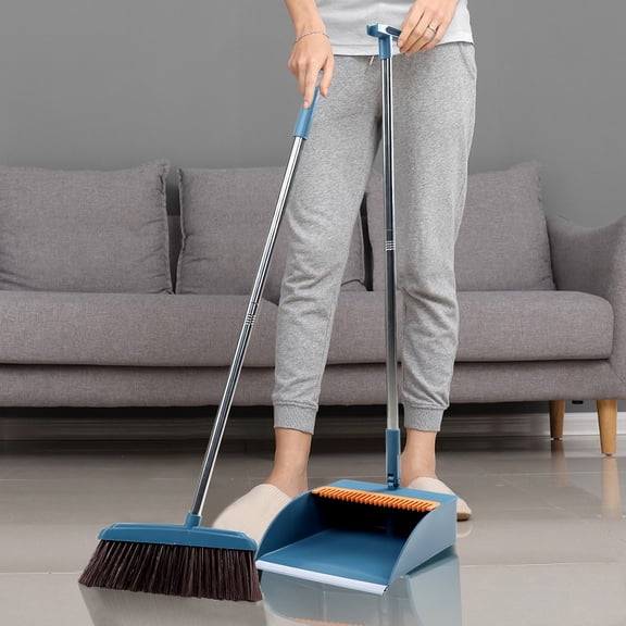 Secfreeship Stand Up Broom And Dustpan Set, Self Cleaning Comb Design, 180° Rotatable Green Plastic Broom Combo For Home Office RV Cleaning, 42.7"x12.6"x31.9"