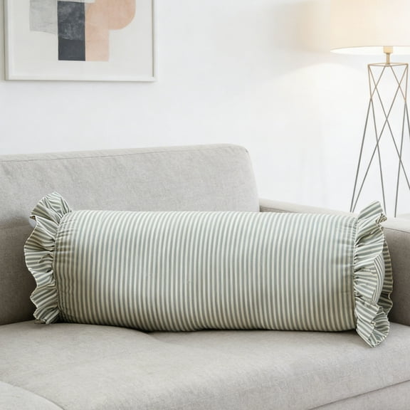 Secfreeship Striped Bolster Pillow with Ruffled Edges, Soft Cylindrical Neck Roll Support Pillow 8"x20" for Bed Sofa Home Decor