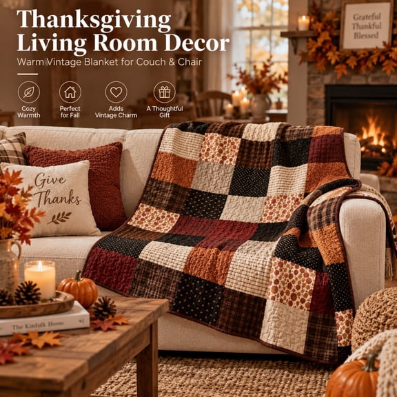 Secfreeship Vintage Patchwork Throw Blanket, Quilted Fall Couch Blanket with Plaid and Floral Grid, Warm Lightweight Thanksgiving Decor for Sofa, Bed, Living Room