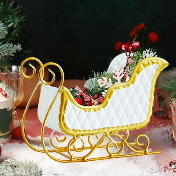 Secfreeship White Iron Christmas Sleigh Decorative Ornament, Festive Holiday Tabletop Centerpiece, Vintage Style Home Decor, 6.7 Inch Long Miniature Sled