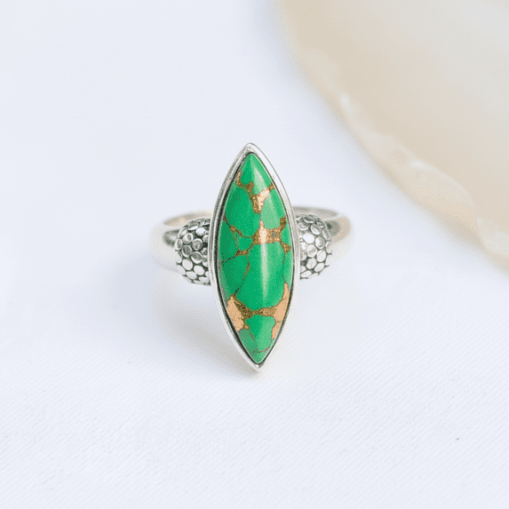 Sechi Chunky Green Copper Turquoise Ring for Women, Solid 925 Sterling Silver, Marquise Statement Ring (5)