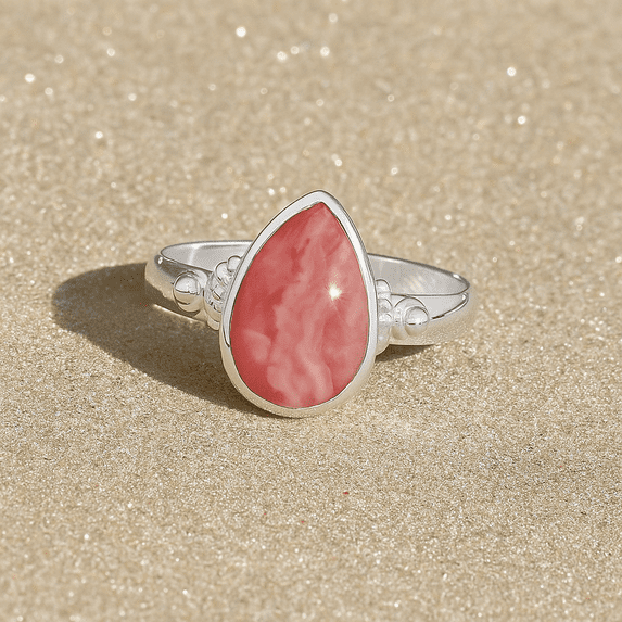 Sechi Genuine Rhodochrosite Ring 925 Sterling Silver - 8x10mm Pear Pink Gemstone Statement Ring for Women (7.5)