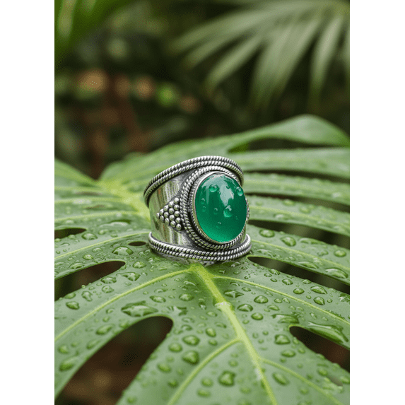 Sechi Green Onyx Solid 925 Sterling Silver Cocktail Ring for Women Gemstone Jewelry (9.5)