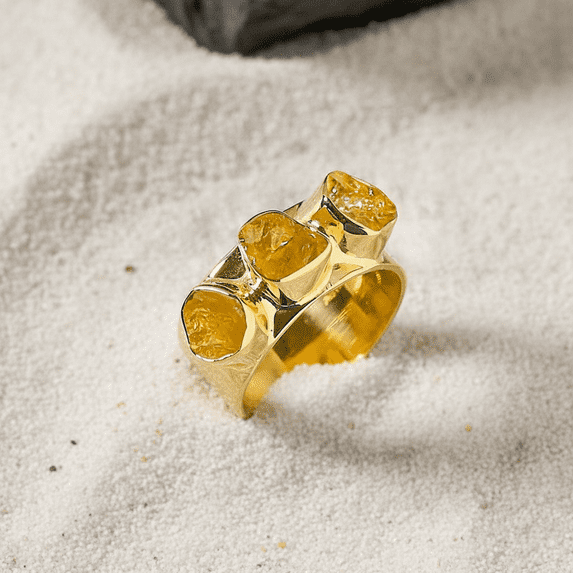 Sechi Raw Citrine Ring in Gold Plated Sterling Silver, Wide Band Statement Ring November Birthstone Jewelry (5)