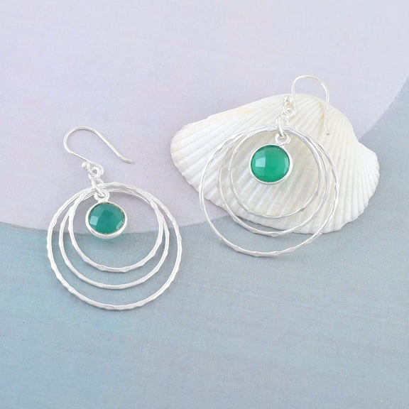 Sechi Sterling Silver Triple Hoop Dangle Earrings with Green Onyx, French Wire Woman's Jewelry