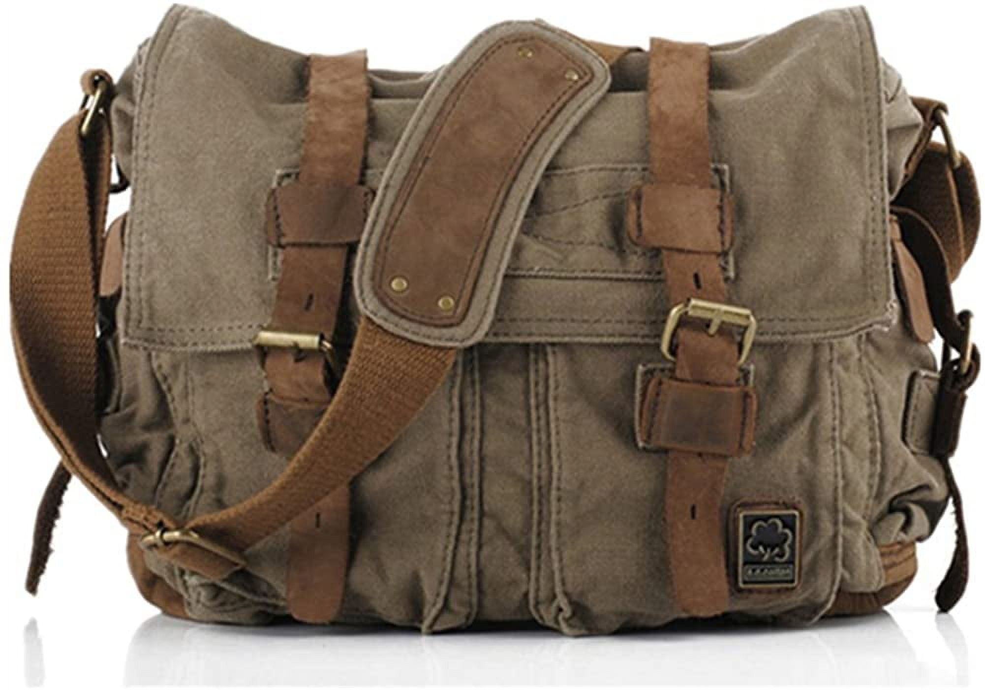 Sechunk Vintage Military Leather Canvas Laptop Bag Messenger Bags Medium  Medium--15 Army Green 