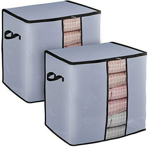Seckon Extra Large Bedding Clothing Storage Bags[2Pack] Foldable Storage of Heavy Fabrics Zipper and Handle Band Transparent Gray Color Window