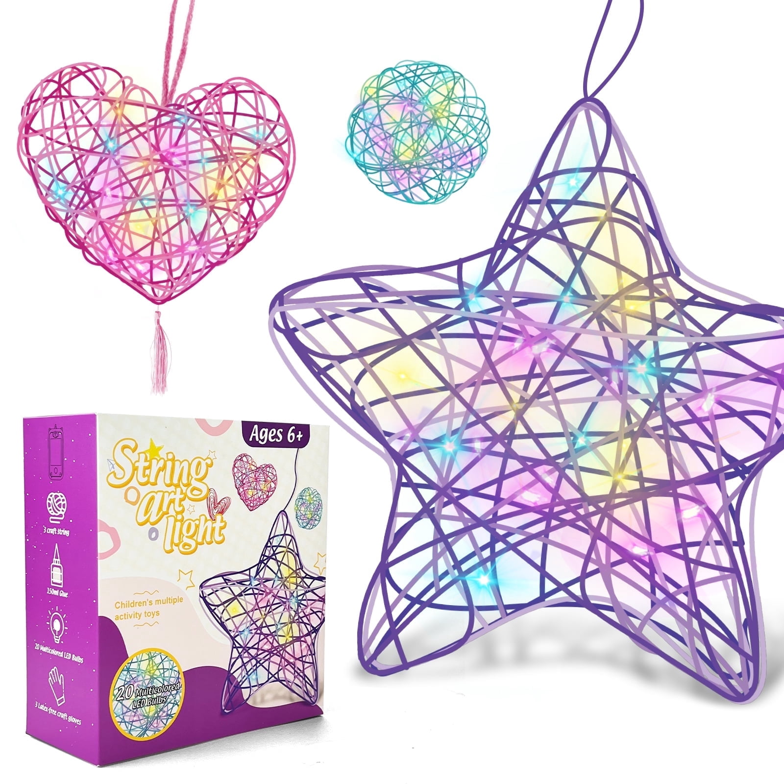 Arts and Crafts for Kids Ages 6-12, 3 Pack 3D String Art Kit for Girls,Christmas Birthday Gifts for 8-12 Year Old Girls and Boys Heart Star Round Lantern 20 Multi-Colored LED Bulbs