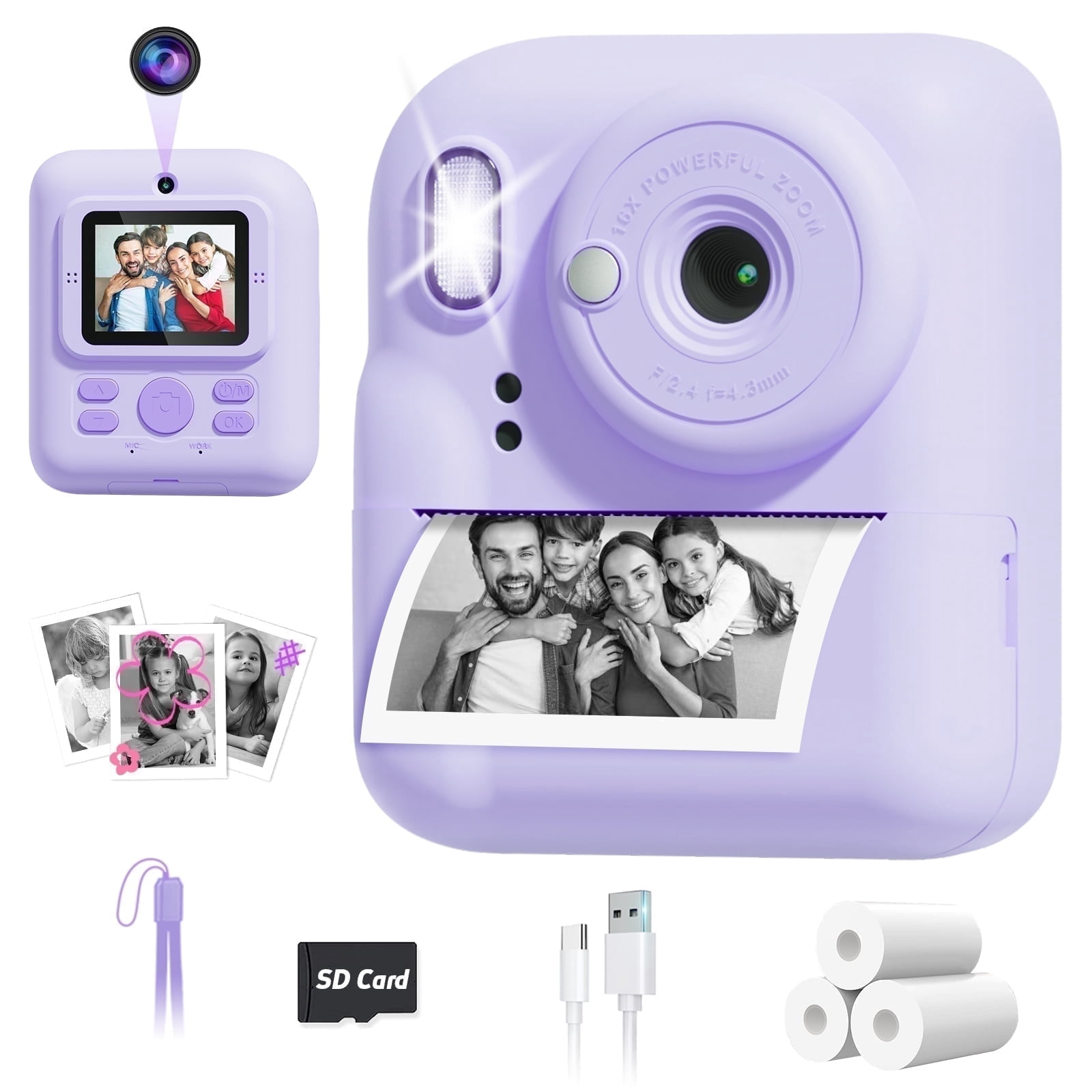 Seckton Instant Print Camera for Girls Boys, Dual-Lens 1080P Kid Digital Camera Birthday Gifts for Girls Age 3-12 Purple