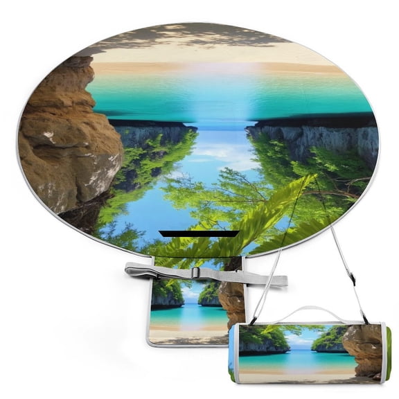 Secluded Tropical Beach Large Round Picnic Outdoor Blanket,Waterproof Foldable Blankets Picnic Mat for Beach, Camping