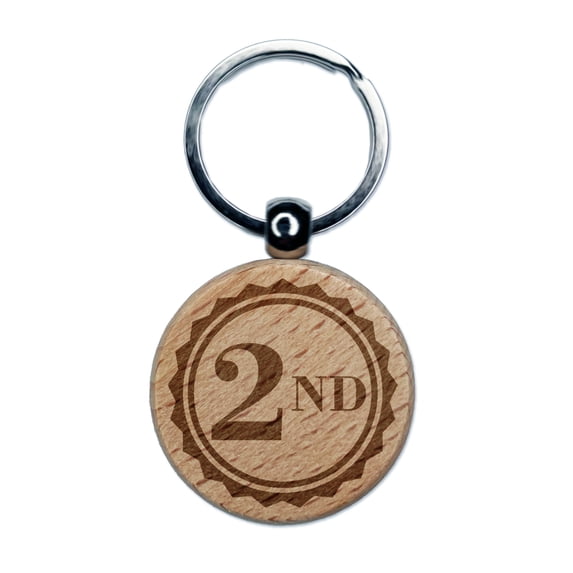 Second 2nd Place Circle Award Round Keychain Charm Tag - Engraved Wood