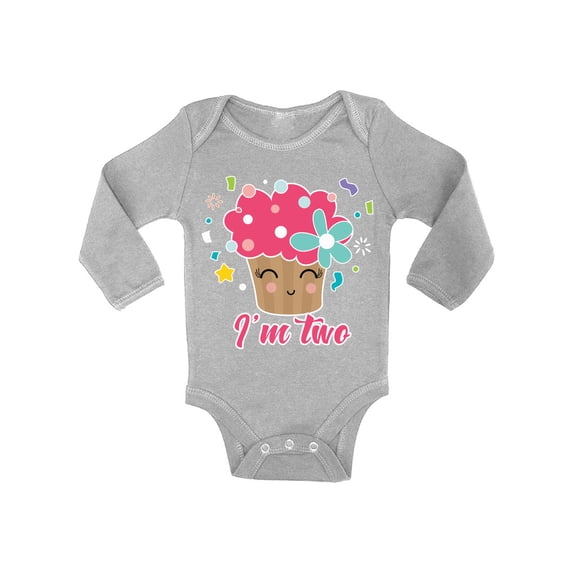 Second Birthday Party Cute Cupcake 2 Years Old Girl Boy Baby Bodysuits Long Sleeve Cupcake I'm Two Outfits My Second Birthday Gifts Baby Gifts Second Birthday Gifts for Birthday Boy Birthday Girl