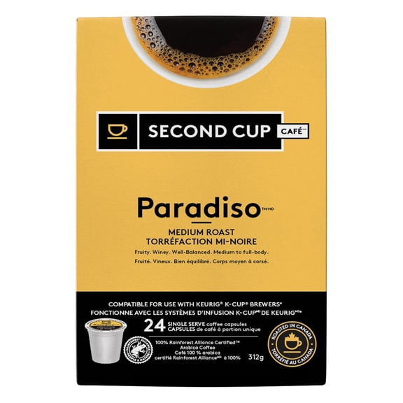 Second Cup Cafe Paradiso Medium Roast K-Cup Coffee, 24 Count, 312g/11 oz