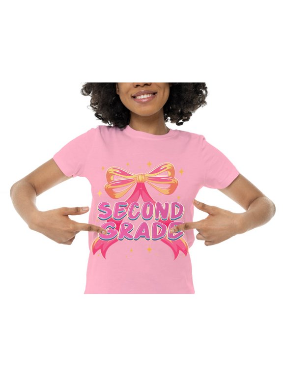 Second Grade Bow T-Shirt for Girls – 100% Cotton Back to School Shirt with Cute Pink Ribbon