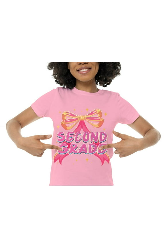 Second Grade Bow T-Shirt for Girls – 100% Cotton Back to School Shirt with Cute Pink Ribbon