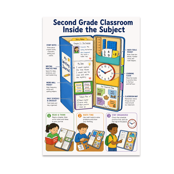 Second Grade Classroom Inside the Subject Poster, Teaching Spaces and Educational Decor, 13x19 Glossy Paper