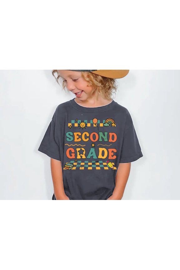 Second Grade Kids T-Shirt - Retro Back to School Graphic Tee for Boys and Girls - 100% Cotton Short Sleeve Shirt