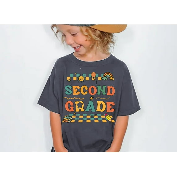 Second Grade Kids T-Shirt - Retro Back to School Graphic Tee for Boys and Girls - 100% Cotton Short Sleeve Shirt