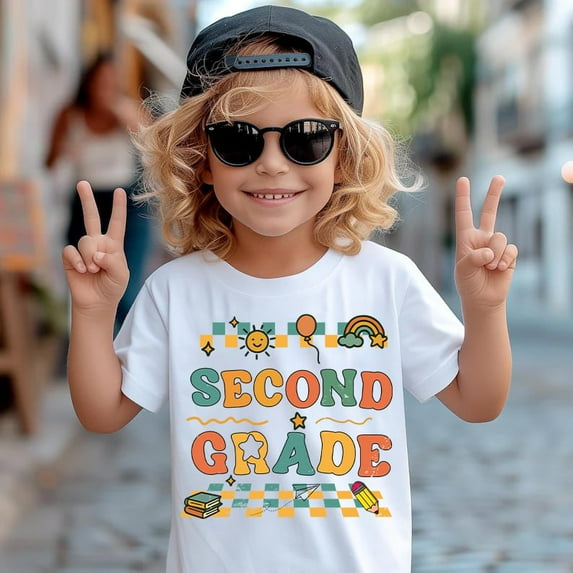 Second Grade Kids T-Shirt - Retro Back to School Graphic Tee for Boys and Girls - 100% Cotton Short Sleeve Shirt