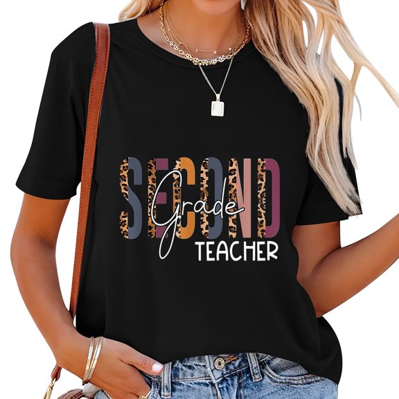 Second Grade Leopard Pencil 2Nd Grade Teacher Back Cute Short Sleeve Shirt with Modern Design