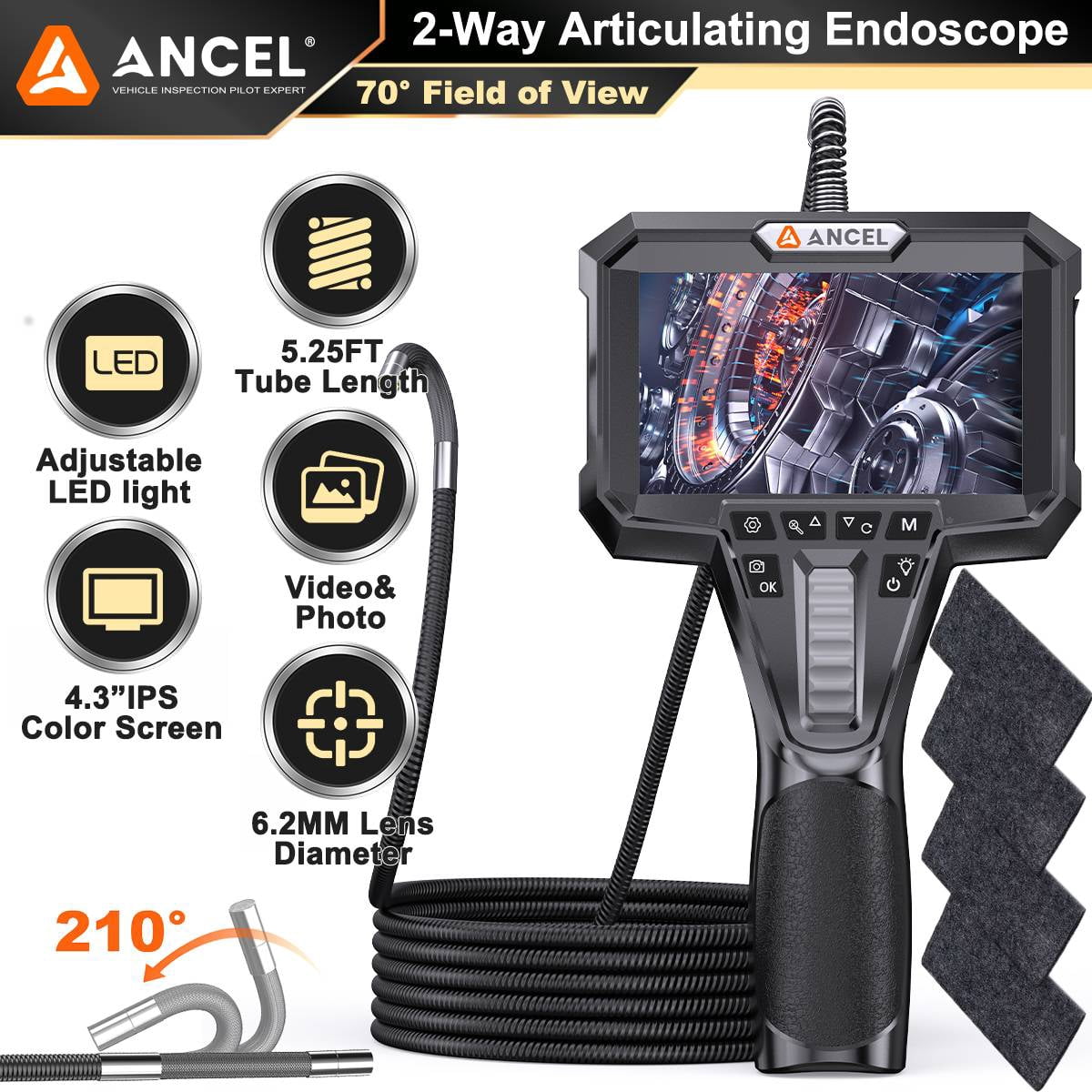 [Second Hand] ANCEL AN301 6.2mm Articulating Endoscope Camera+4 PCS Car Wax Cleaning Cloths