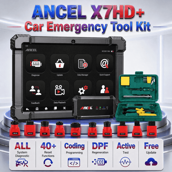 ANCEL Semi Trucks Full System Diagnostic Tool Bidirectional Diesel Scan Tool+Car Emergency Tool Kit , Heavy Duty Truck Scanner [Combination Pack]