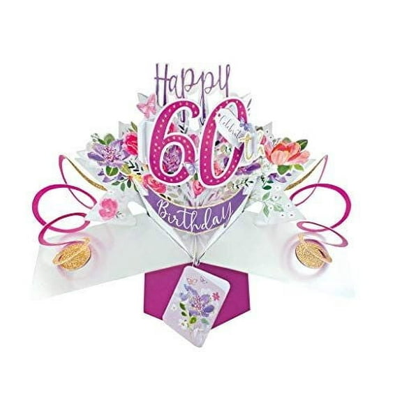 Second Nature 60th Birthday Flowers Pop-Up Greeting Card 3D Floral Design, Elasticated Mechanism, Includes Envelope