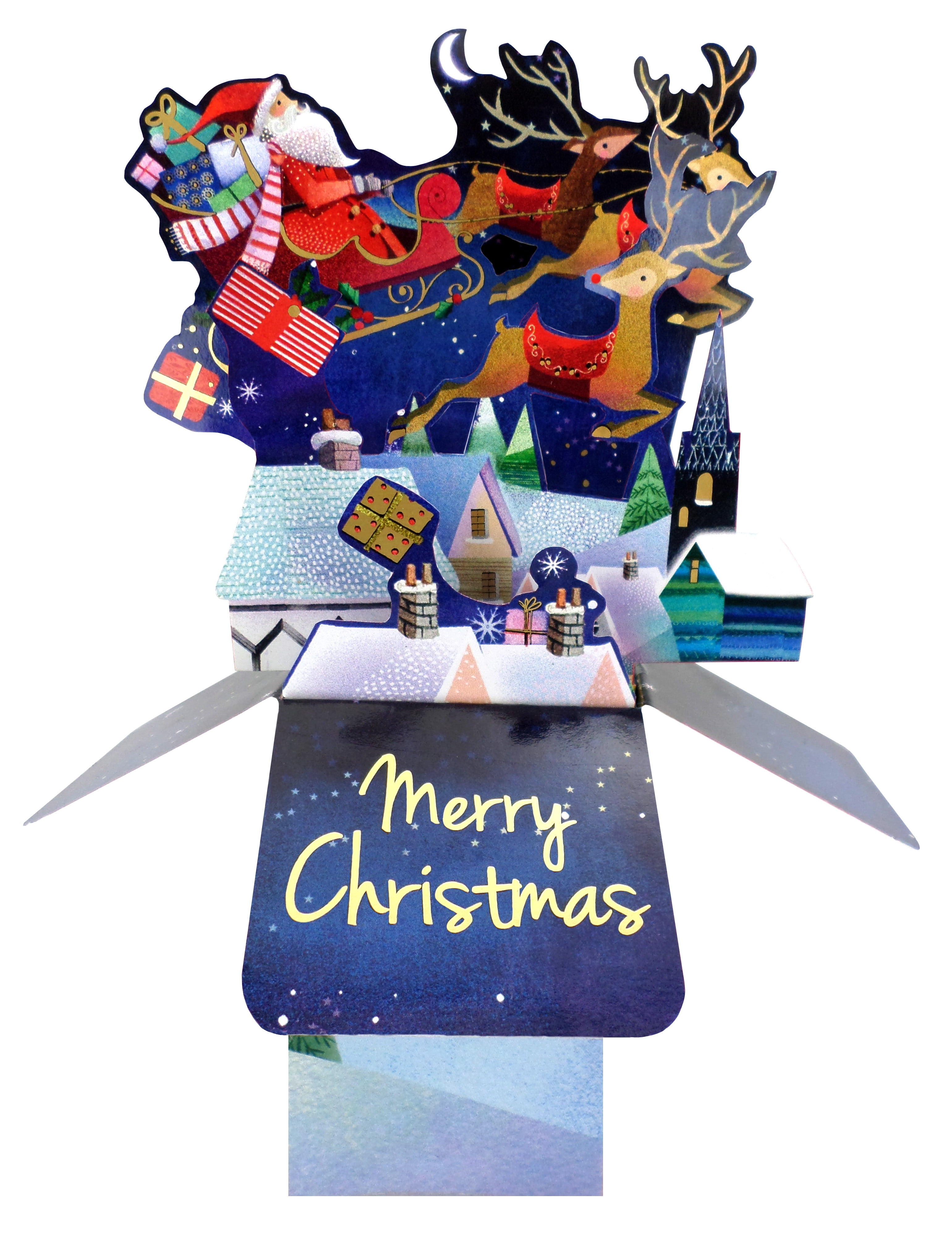 Second Nature Christmas Clever Cube Pop Up Card Santa Flying over Village