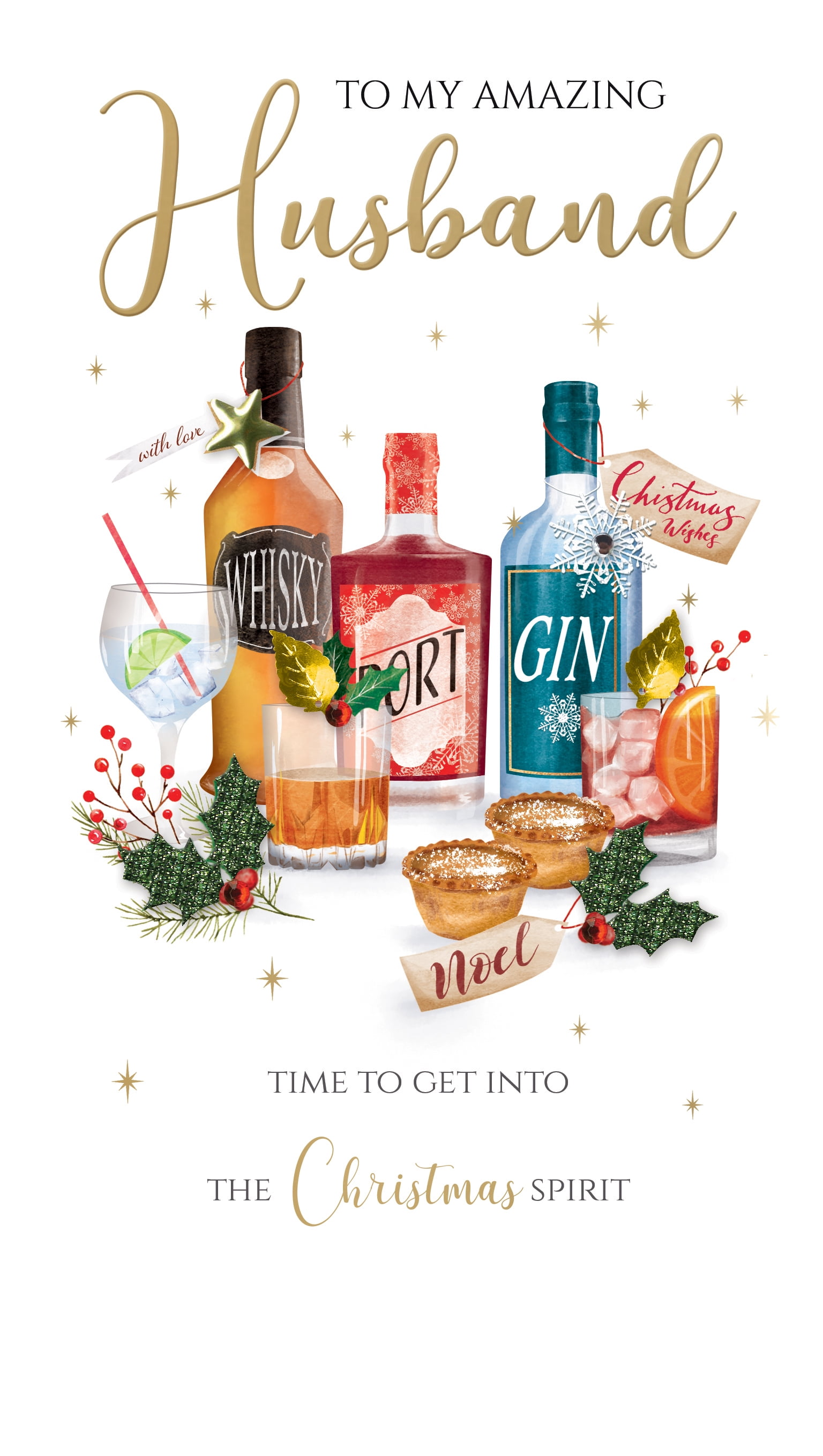 Second Nature Handmade Christmas Card for Husband, Champagne Bottles and Mince Pies Design