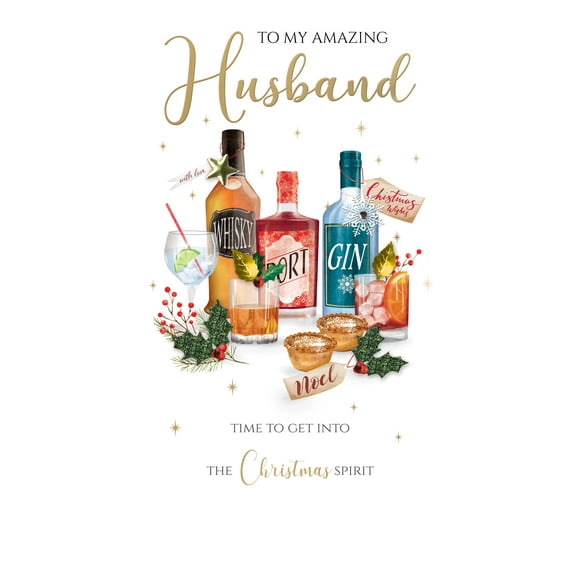 Second Nature Handmade Christmas Card for Husband, Champagne Bottles and Mince Pies Design