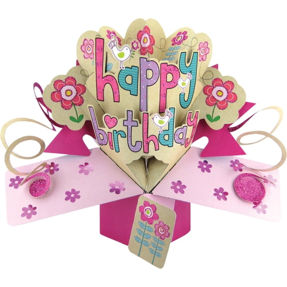 Second Nature Mailable Happy Birthday Pink Flowers Pop Up Greeting Card - POP086