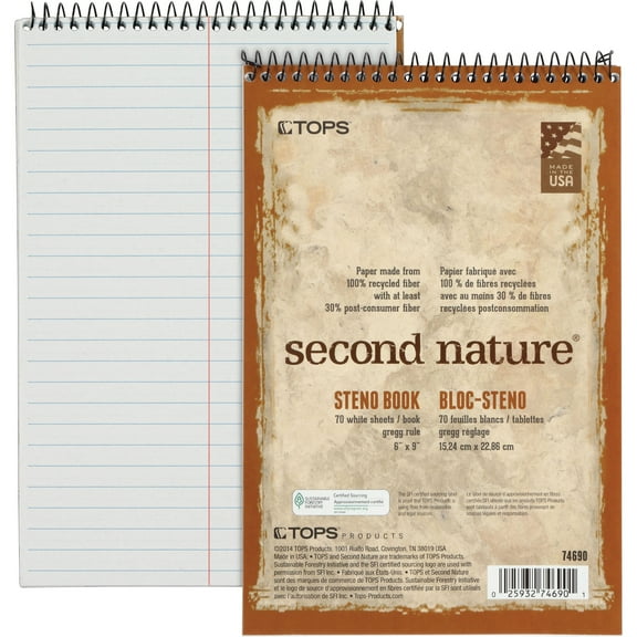 Second Nature Recycled Notepads, Gregg Rule, Brown Cover, 70 White 6 X 9 Sheets | Bundle of 5 Each