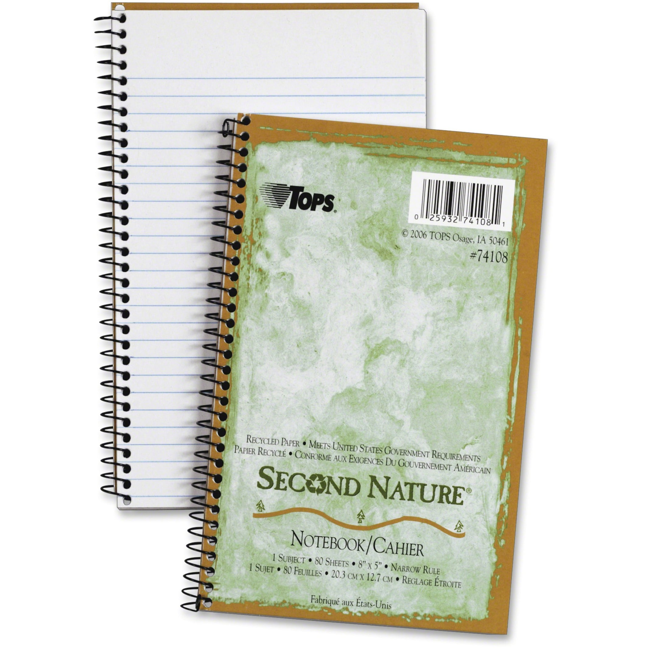 Second Nature Single Subject Wirebound Notebooks, Narrow Rule, Green Cover, 8 X 5, 80 Sheets | Bundle of 5 Each