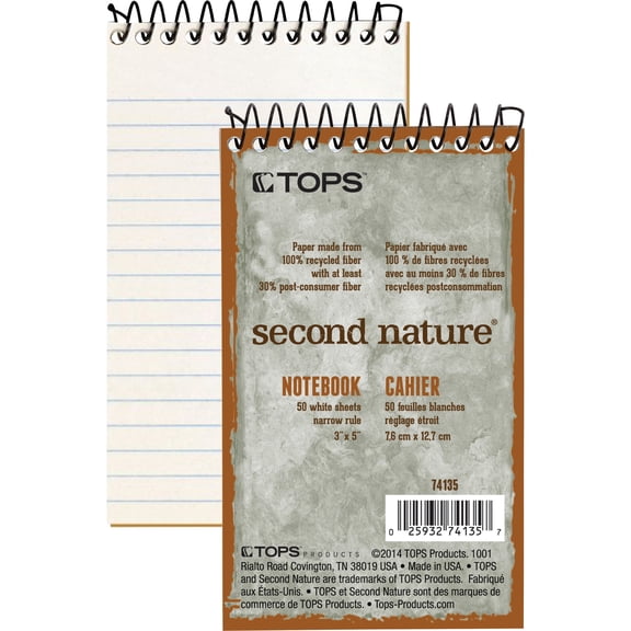 "Second Nature Wirebound Notepads, Narrow Rule, Randomly Assorted Cover Colors, 50 White 3 X 5 Sheets | Bundle of 5 Each"