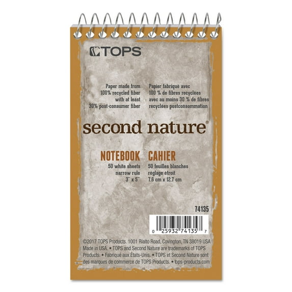 Second Nature Wirebound Notepads, Narrow Rule, Randomly Assorted Cover Colors, 50 White 3 X 5 Sheets