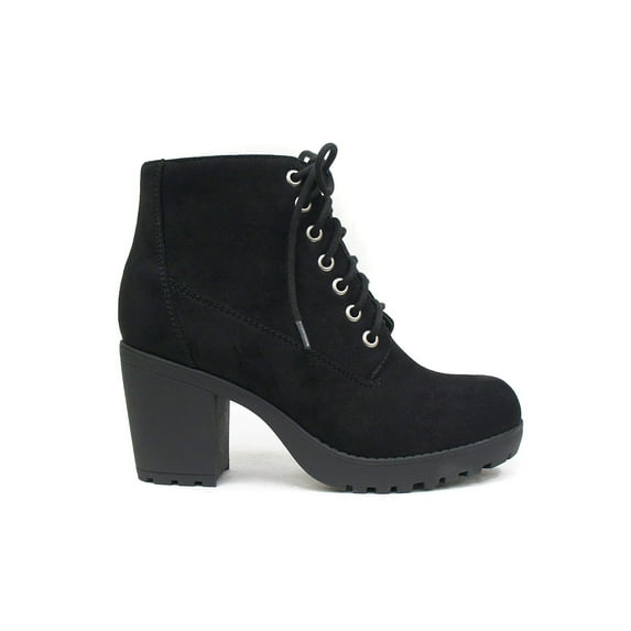 Second-S Black Suede Soda Women Ankle Combat Boots High Heels Lace Up Side Zipper Booties 6