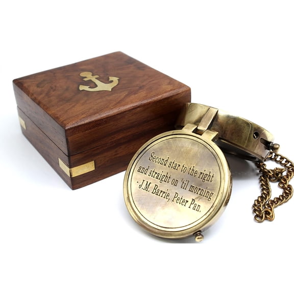 Second Star to The Right J. M. Barrie, Peter Pan Engraved Brass Compass for Anniversary, Birthday, Graduation Day, Confirmation Gift, Valentine Gift Parting Gift with Wooden Case
