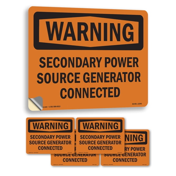Secondary Power Source Generator Connected OSHA WARNING Vinyl Decal Label 5 Inch x 3.5 Inch - 5 Pack