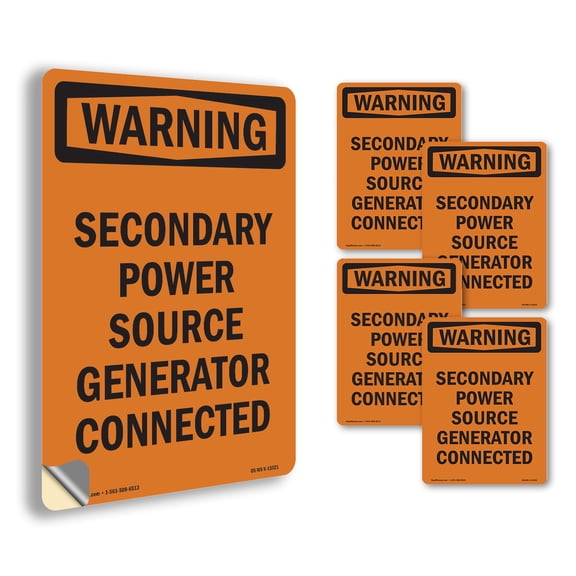 Secondary Power Source Generator OSHA WARNING Vinyl Decal Label 18 Inch x 12 Inch - 5 Pack