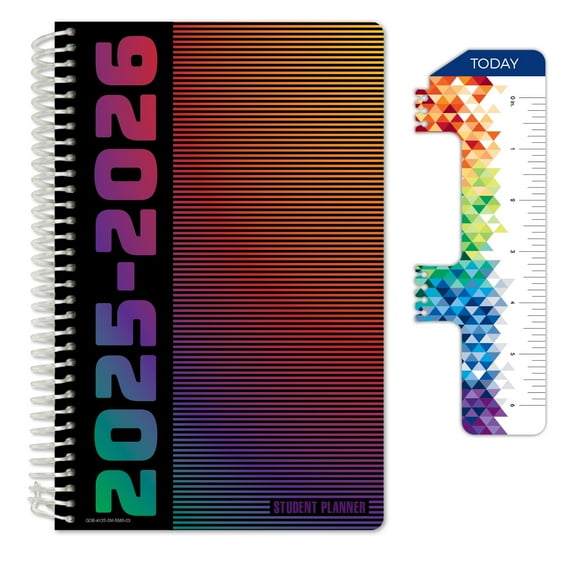 Global Datebooks Dated Middle School or High School Student Planner for Academic Year 2025-2026, Ruler/Bookmark and Planning Stickers (Matrix Style - 5.5"x8.5" - Spectrum) August 2025 - June 2026